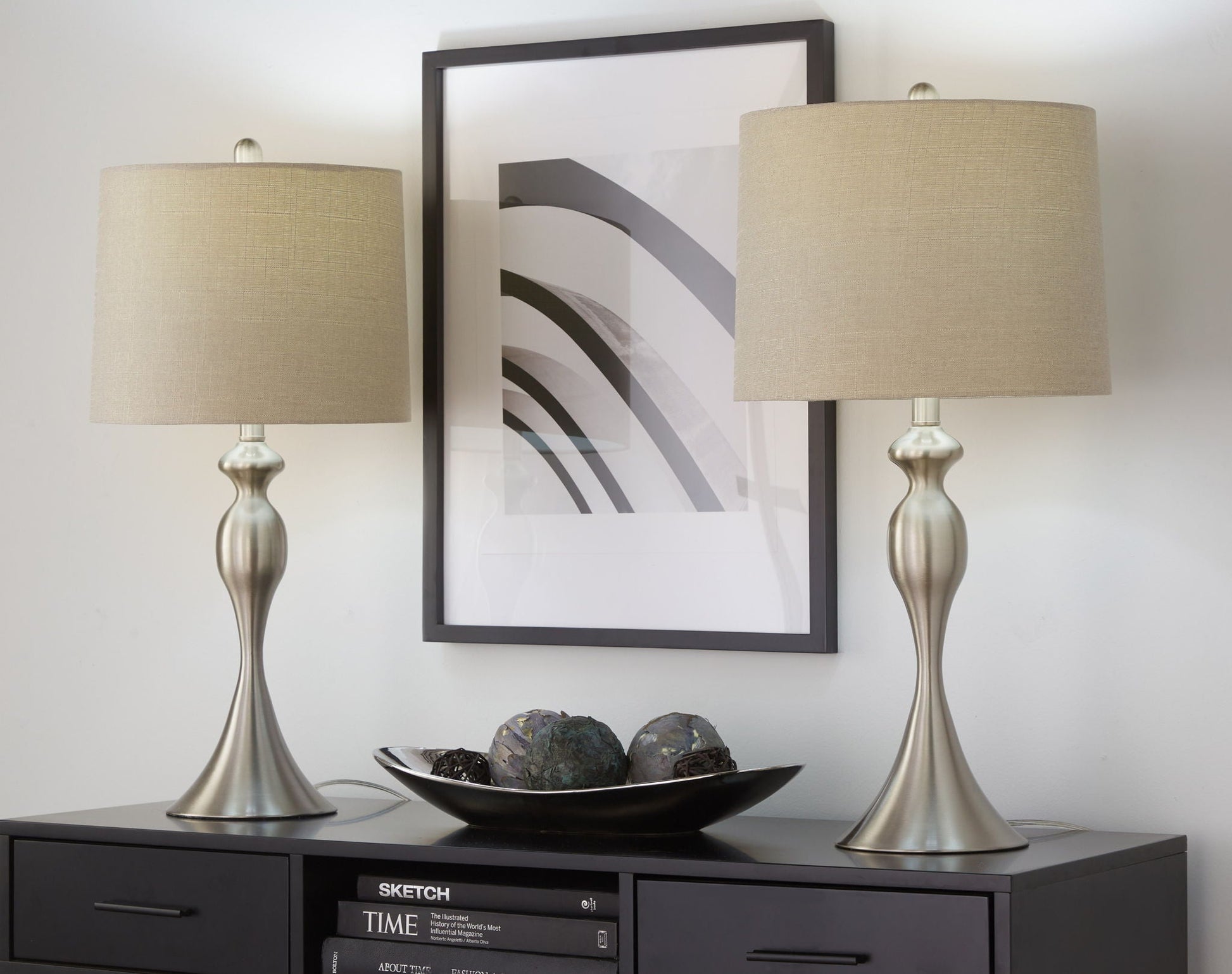 Ashland Table Lamp Set of 2 with beige shades and nickel bases beside wall art on Tampa Home & Garden Store