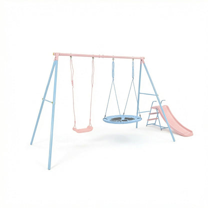 Blue and Pink Outdoor Swing Set with Slide