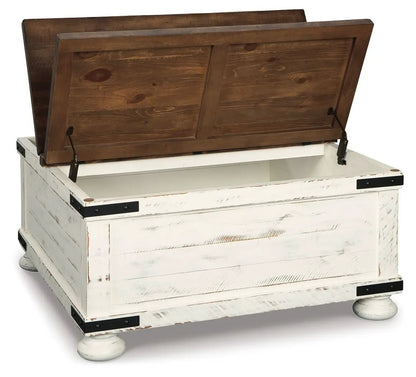 Wystfield storage cocktail table, white distressed base with brown wood lid and metal hardware on Tampa Home & Garden Store