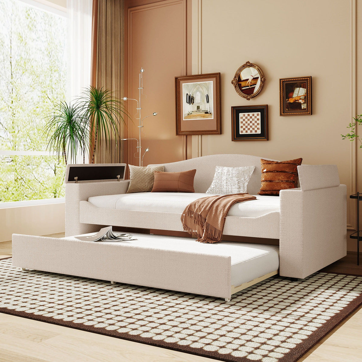 Upholstered beige daybed with built-in storage and pull-out trundle by HouseOfZazla on Tampa Home & Garden Store