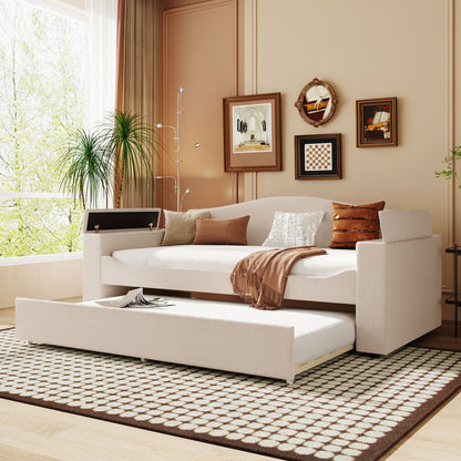 Upholstered beige daybed with built-in storage and pull-out trundle by HouseOfZazla on Tampa Home & Garden Store