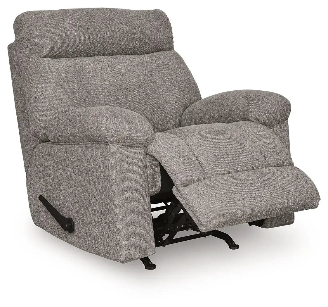 Hoyne Park Rocker Recliner in gray fabric with plush arms and cushioned headrest, manual lever on Tampa Home & Garden Store