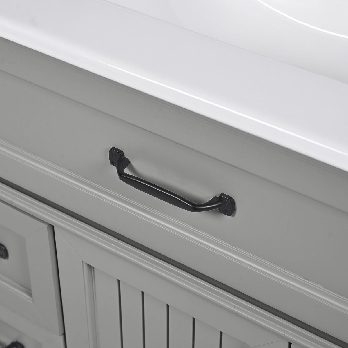 Bathroom vanity with sink and drawers, freestanding solid wood cabinet in gray finish on Tampa Home & Garden Store