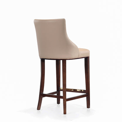 Shubert Barstool by HouseOfZazla, bar-height tan leather seat with dark wood legs on Tampa Home & Garden Store