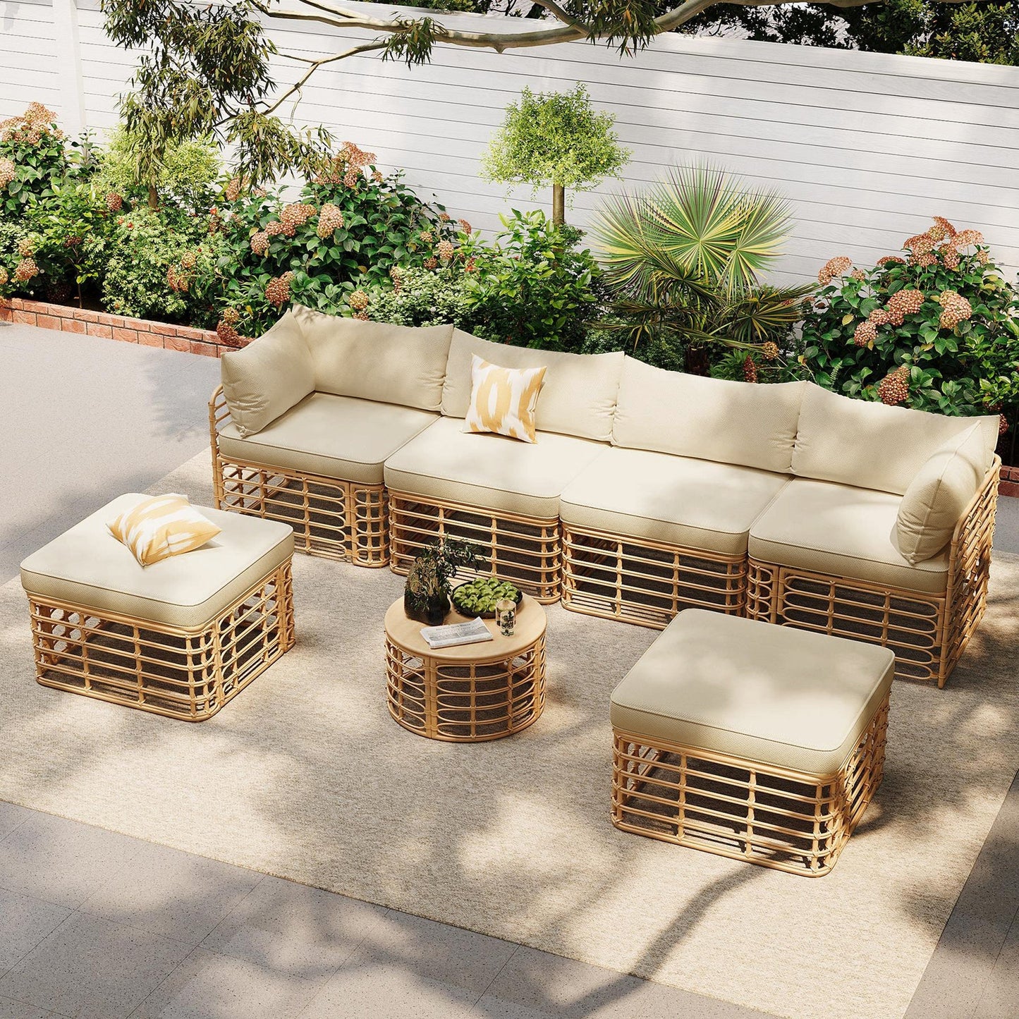 7-piece all-weather rattan outdoor furniture set with thick beige cushions and pillows on Tampa Home & Garden Store