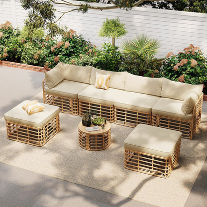 7-piece all-weather rattan outdoor furniture set with thick beige cushions and pillows on Tampa Home & Garden Store