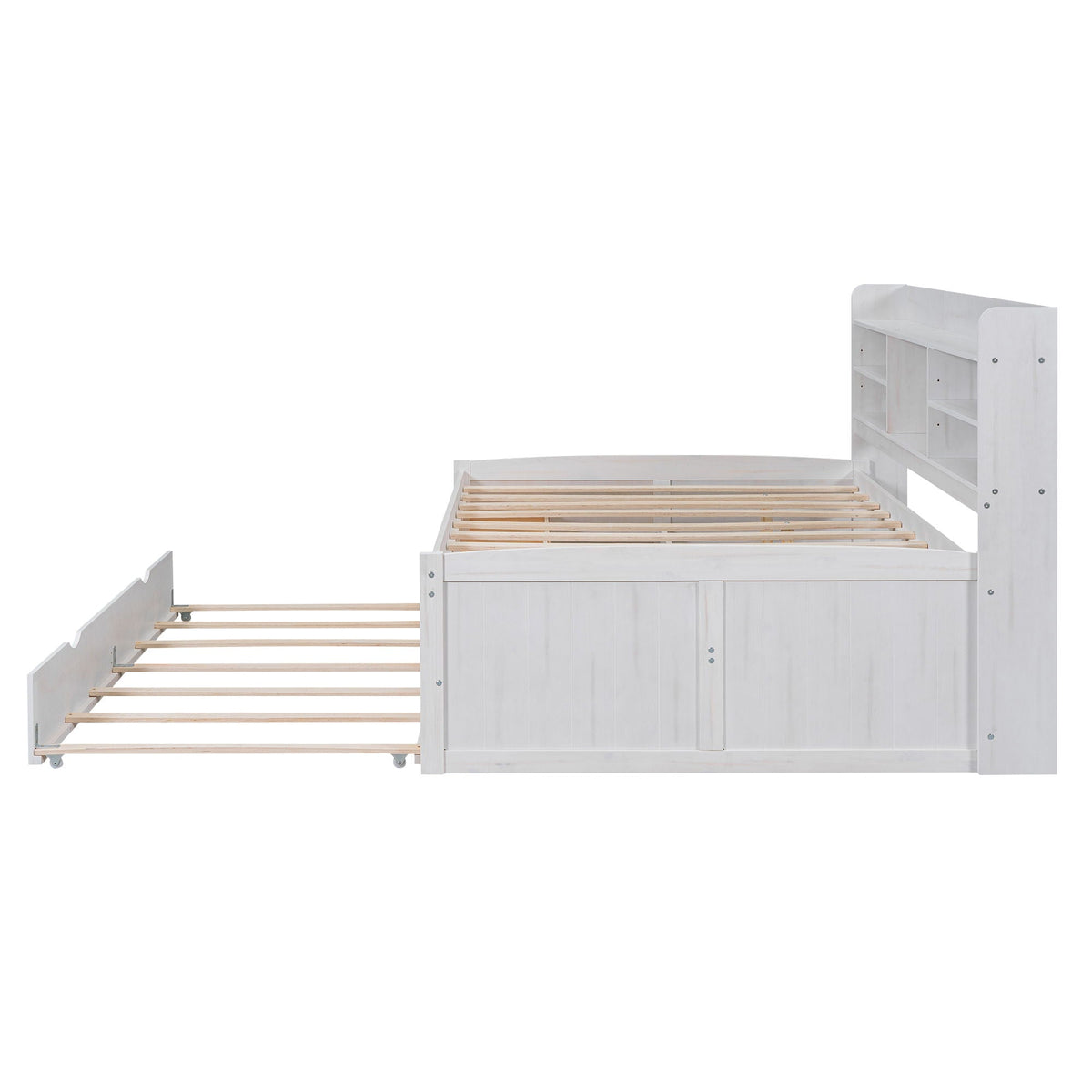 Captain Bed with built-in bookshelves, 3 storage drawers and trundle in white wood on Tampa Home & Garden Store
