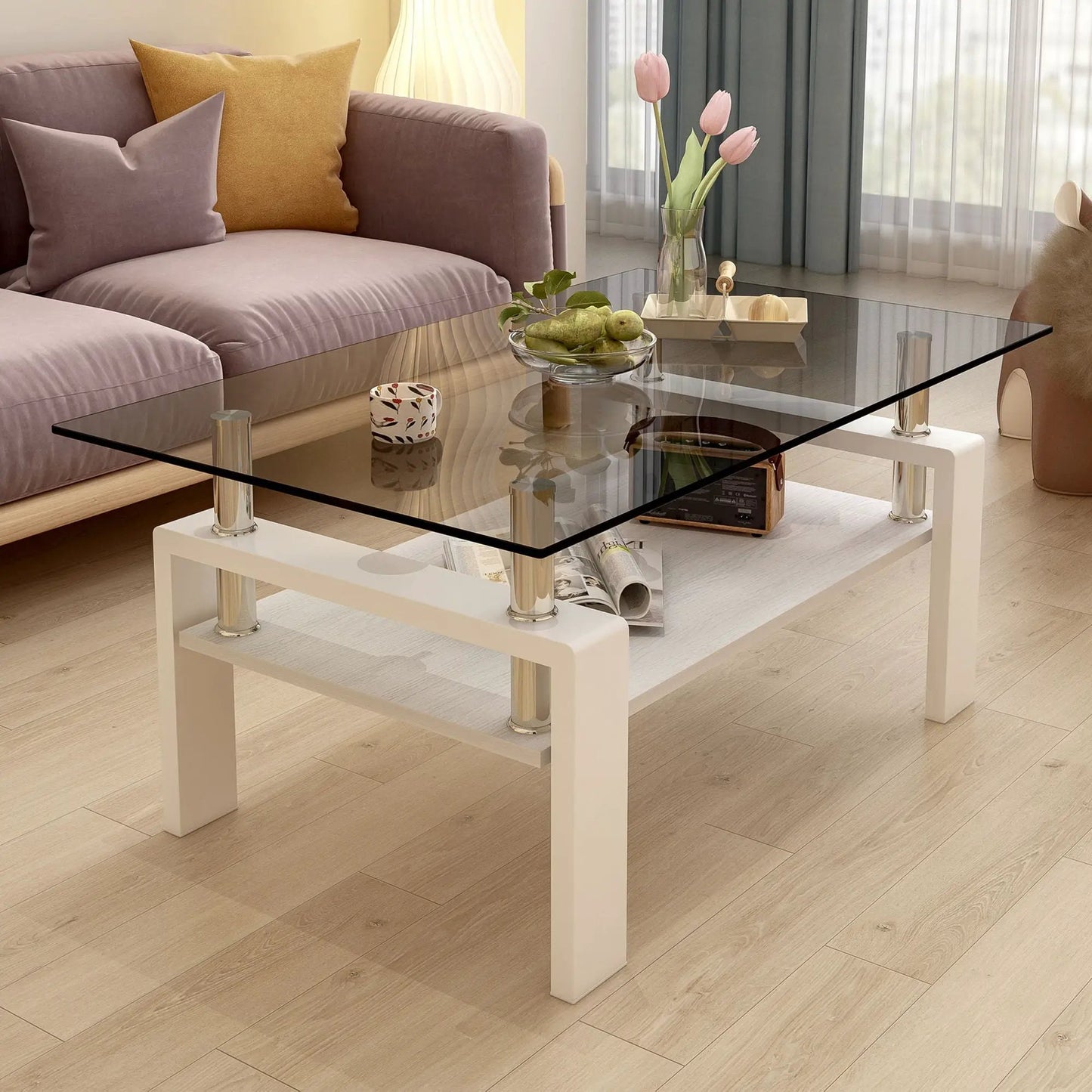 Rectangular Coffee Table With Tempered Glass Top