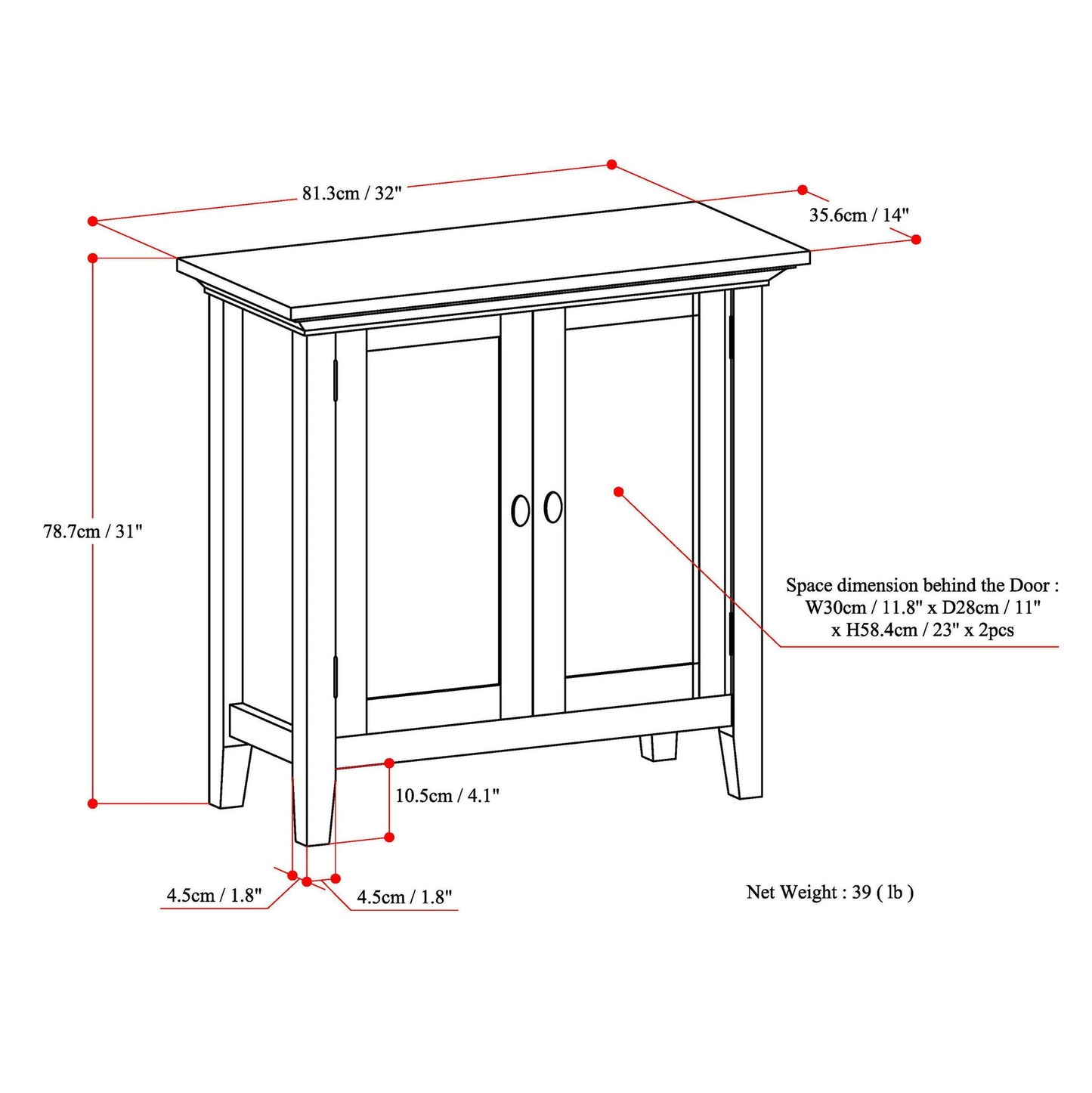 Redmond handcrafted low storage cabinet line drawing in wood, accent cabinet concept on Tampa Home & Garden Store