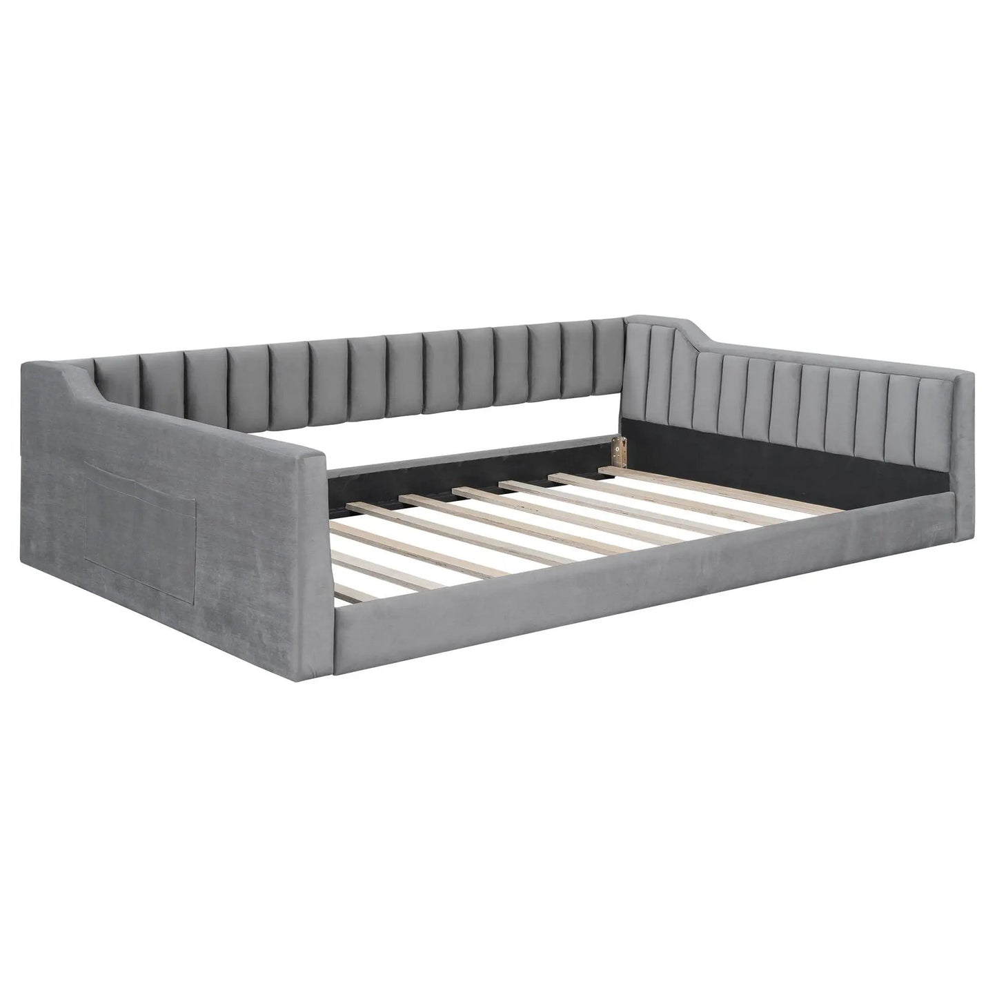 Daybed with side storage pocket, grey fabric upholstery, slatted frame on Tampa Home & Garden Store