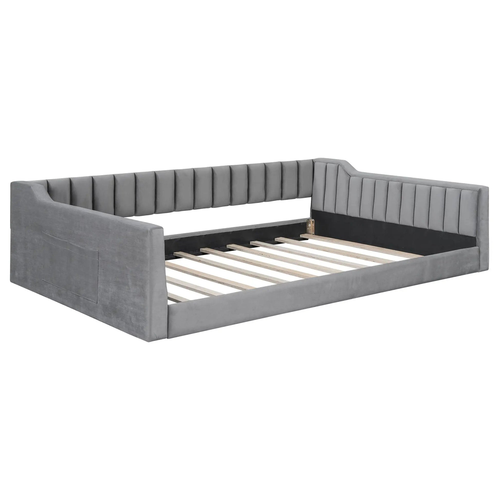 Daybed with side storage pocket, grey fabric upholstery, slatted frame on Tampa Home & Garden Store