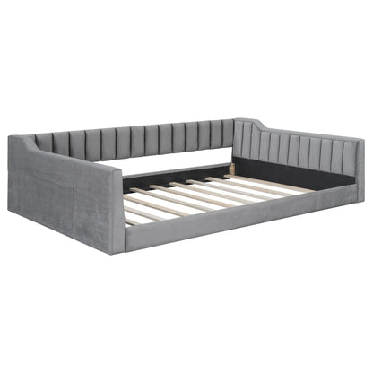Daybed with side storage pocket, grey fabric upholstery, slatted frame on Tampa Home & Garden Store
