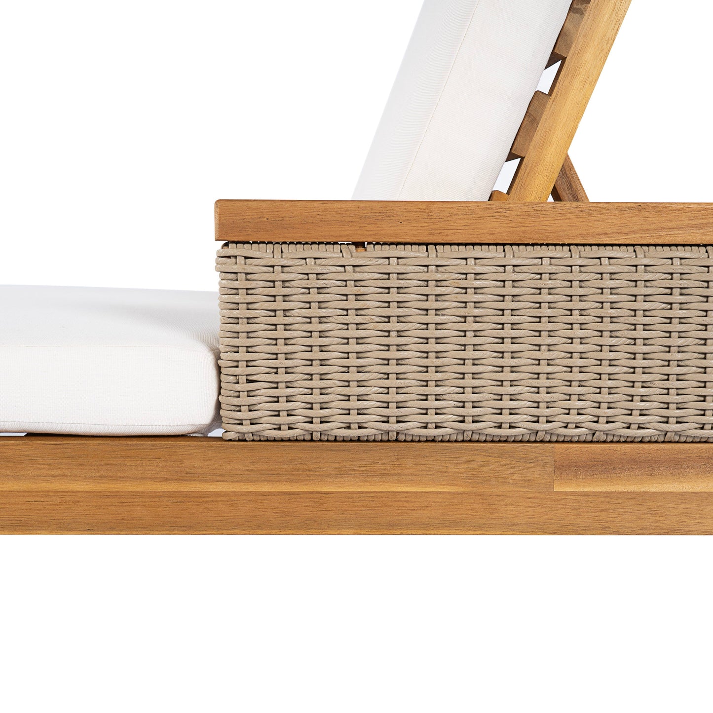 Solid acacia wood sun lounger with white cushion and wicker base on Tampa Home & Garden Store