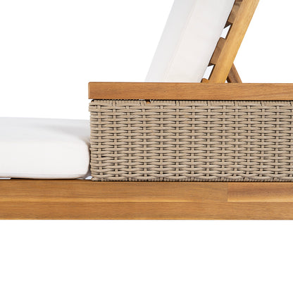 Solid acacia wood sun lounger with white cushion and wicker base on Tampa Home & Garden Store