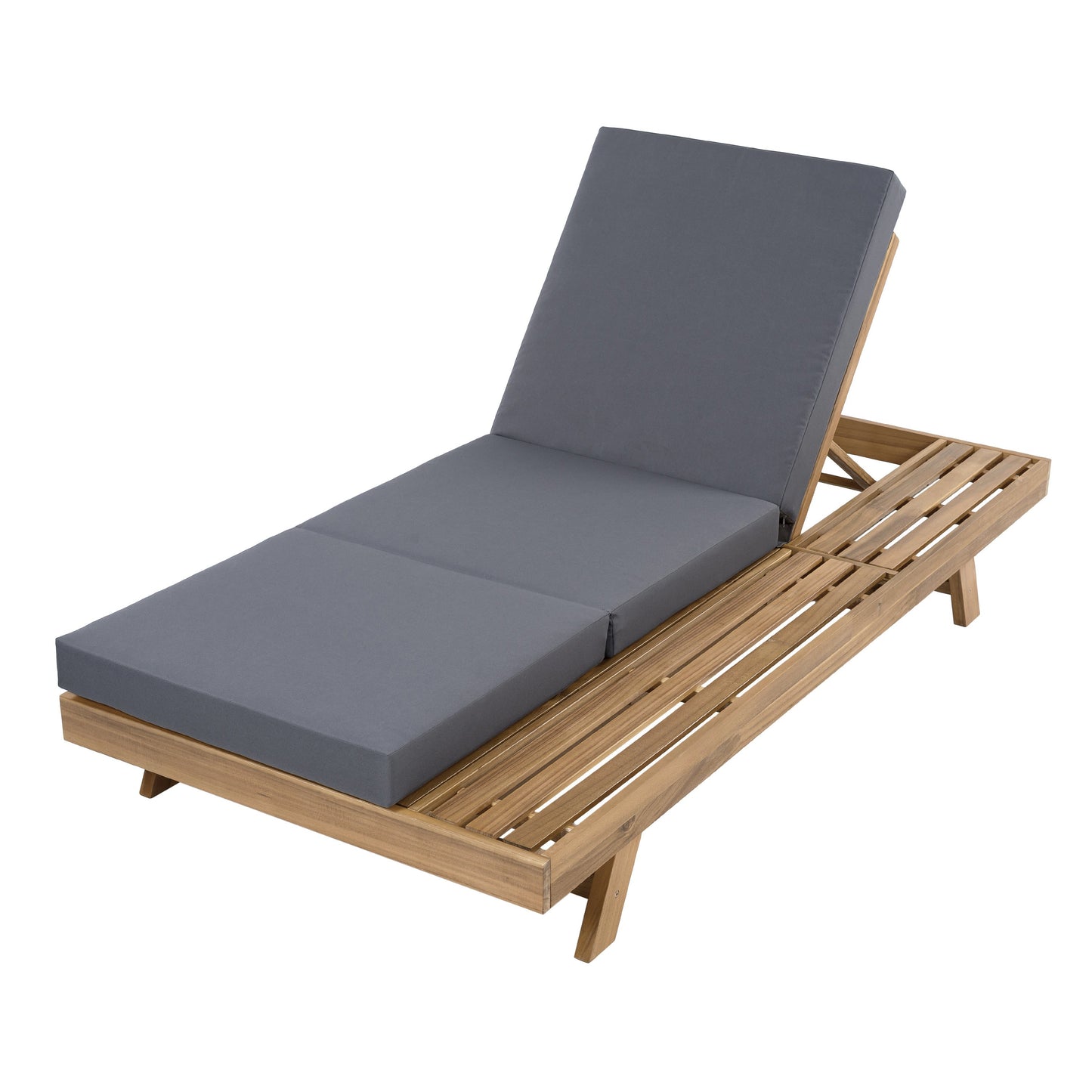 Outdoor chaise lounge with grey cushions on a natural wood slatted frame on Tampa Home & Garden Store