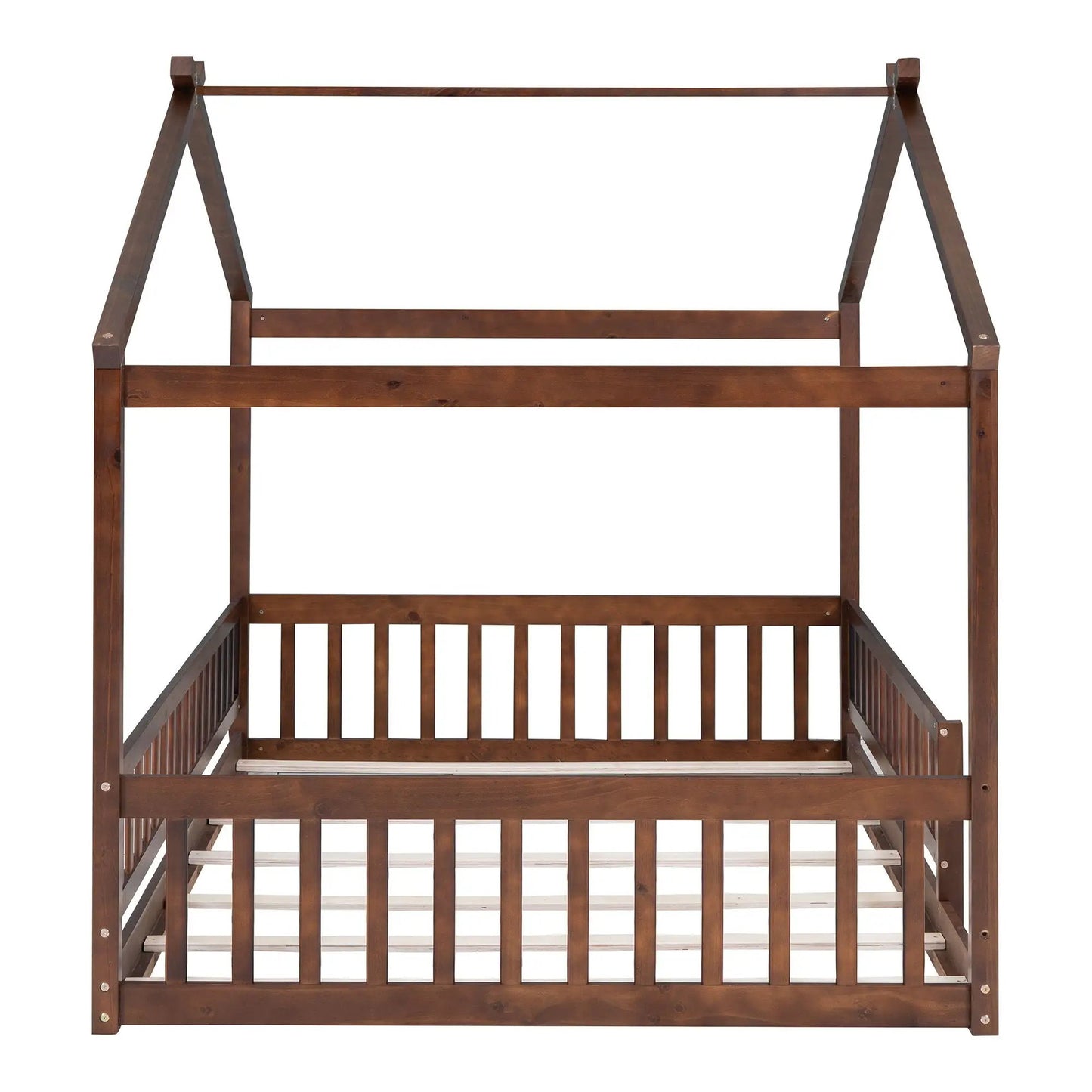 Bed House Bed Frame With Fence canopy bed in dark walnut with slatted sides and guard rails on Tampa Home & Garden Store