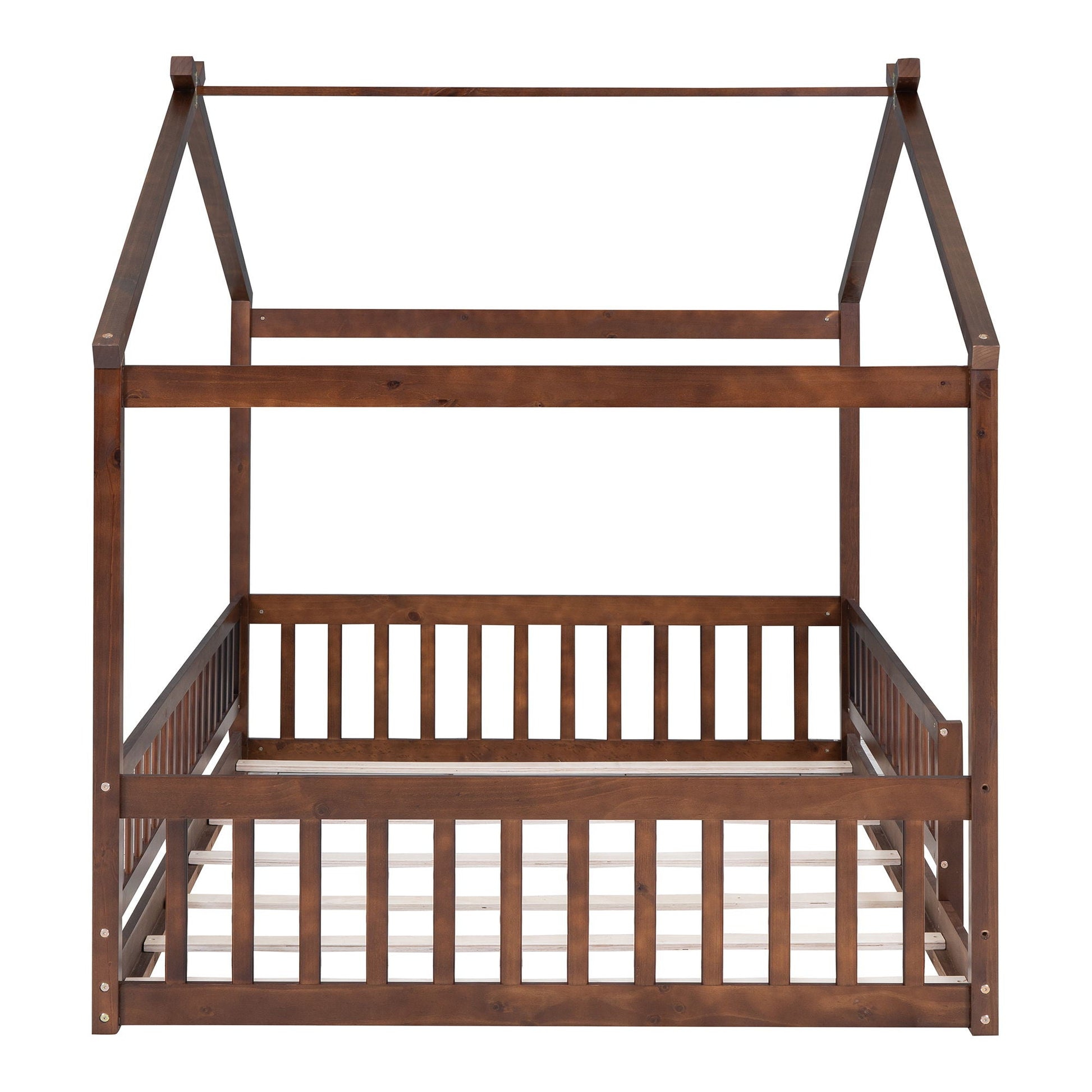 Bed House Bed Frame With Fence canopy bed in dark walnut with slatted sides and guard rails on Tampa Home & Garden Store