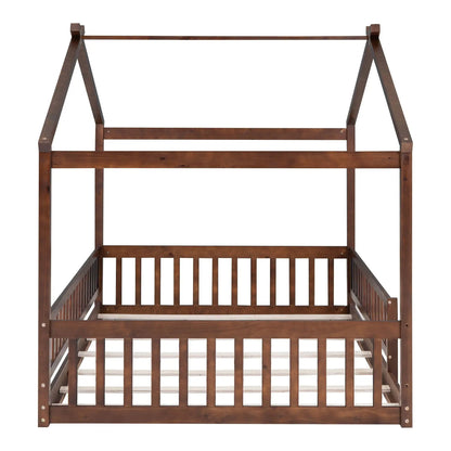 Bed House Bed Frame With Fence canopy bed in dark walnut with slatted sides and guard rails on Tampa Home & Garden Store