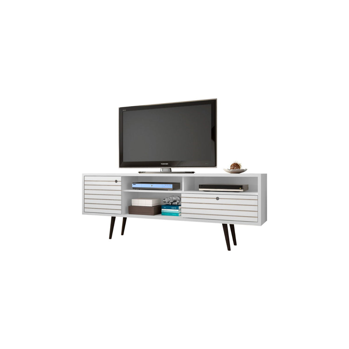 TV stand with wire management and storage, white finish, mid-century legs, HouseOfZazla on Tampa Home & Garden Store