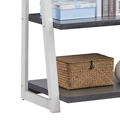 5-Tier ladder shelf with rubber wood frame in grey and white, features storage box and basket on Tampa Home & Garden Store