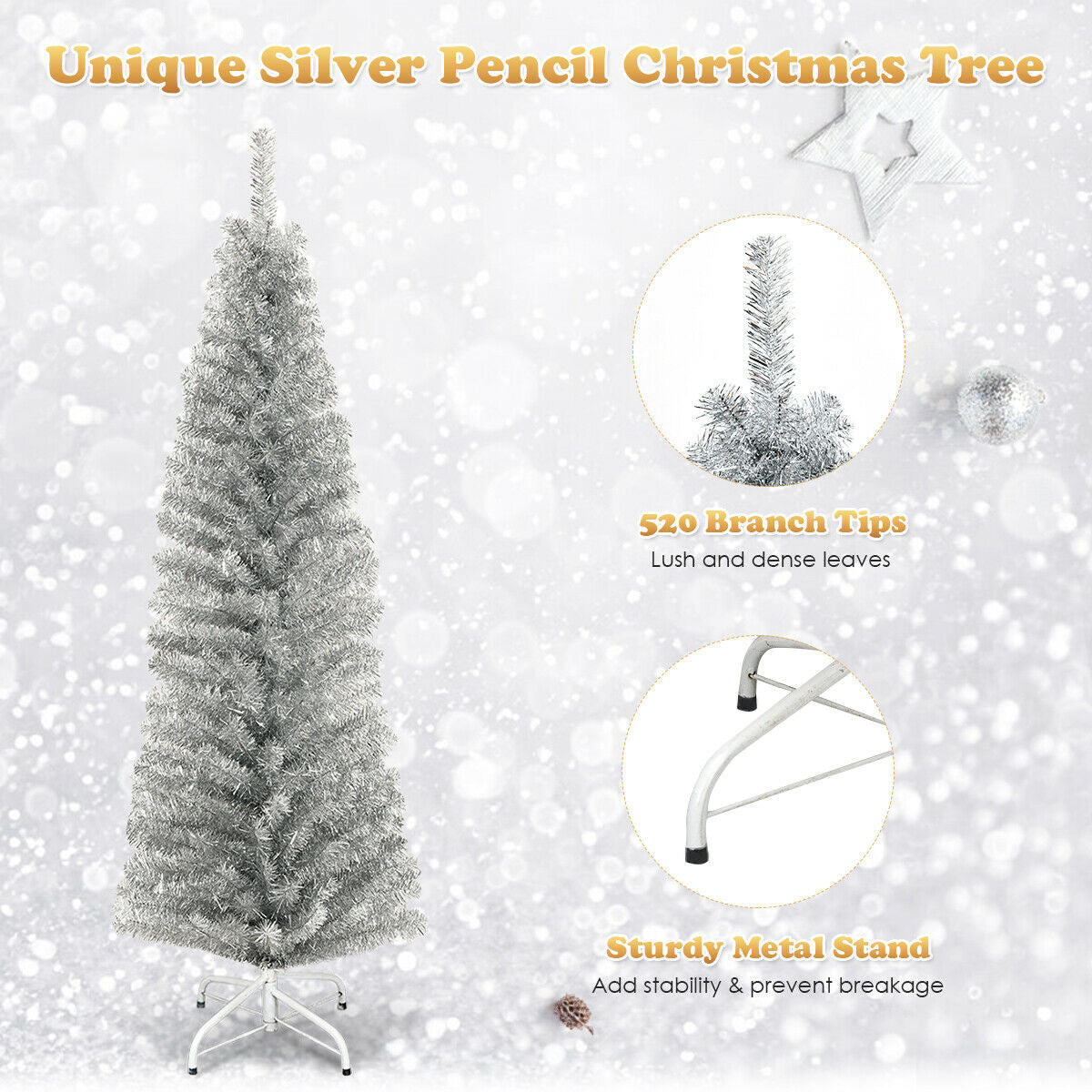 6 feet DirectDeals Tinsel Tree Unlit Slim Pencil Christmas Tree, silver, with sturdy metal stand on Tampa Home & Garden Store
