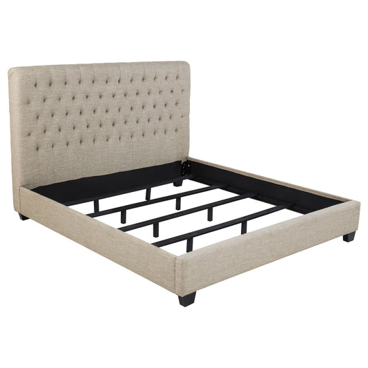 Copper Eastern King Panel Bed with Tufted Headboard in oatmeal fabric by HouseOfZazla on Tampa Home & Garden Store