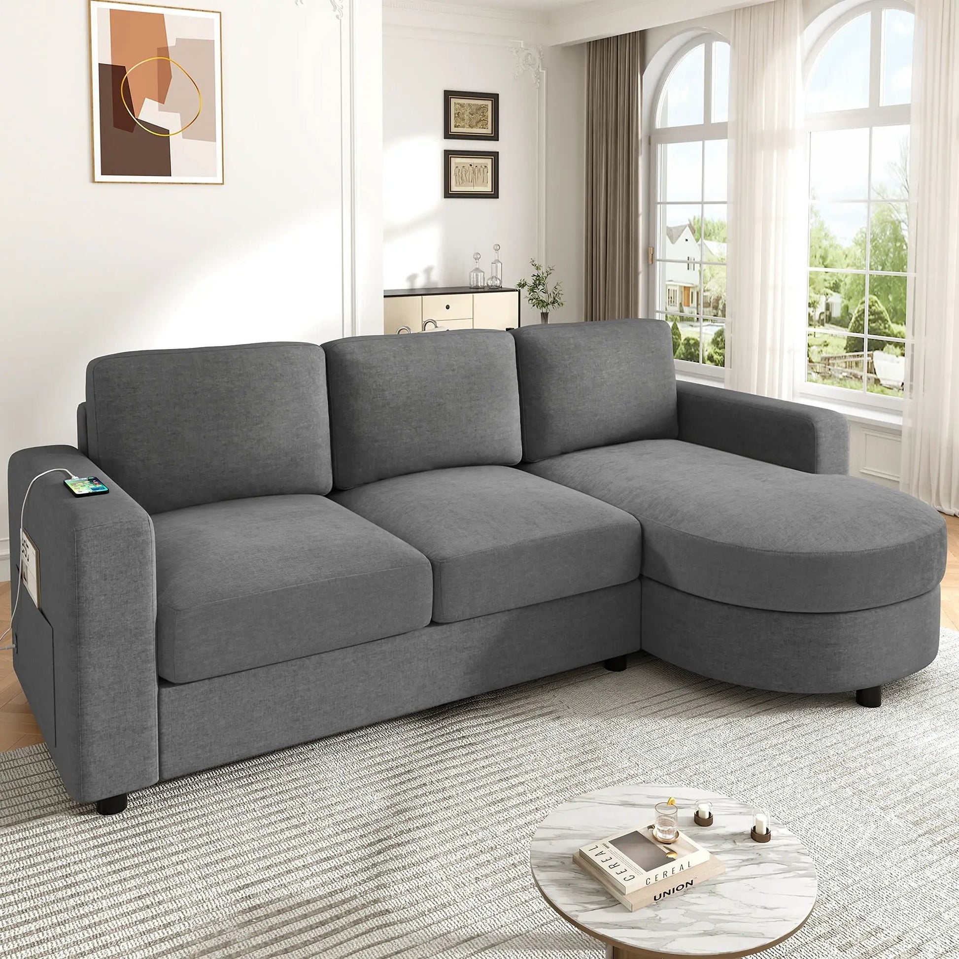 Unique Piece Furniture gray L-shaped sectional sofa with curved chaise, USB ports, side pockets on Tampa Home & Garden Store