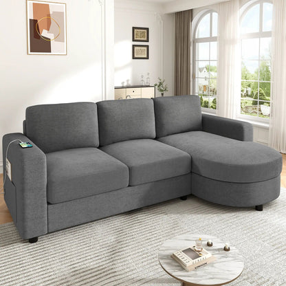 Unique Piece Furniture gray L-shaped sectional sofa with curved chaise, USB ports, side pockets on Tampa Home & Garden Store