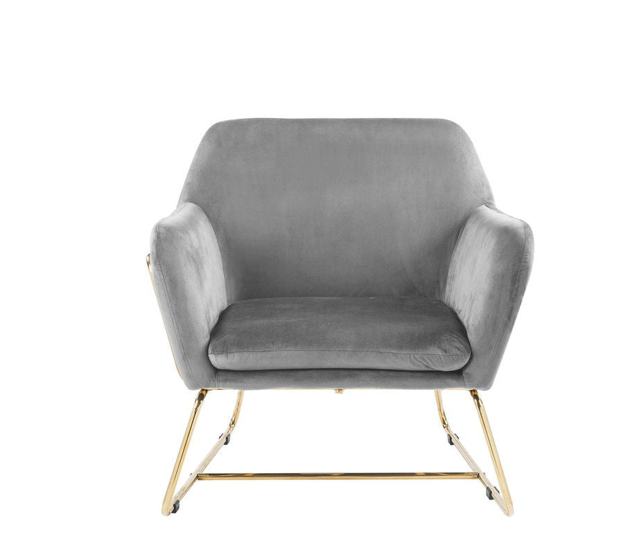 Keira Accent Chair With Metal Base, grey velvet upholstery, gold metal legs, cushioned seat on Tampa Home & Garden Store