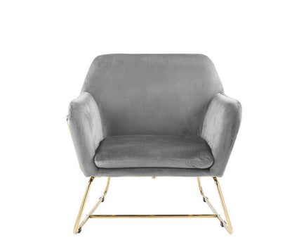 Keira Accent Chair With Metal Base, grey velvet upholstery, gold metal legs, cushioned seat on Tampa Home & Garden Store