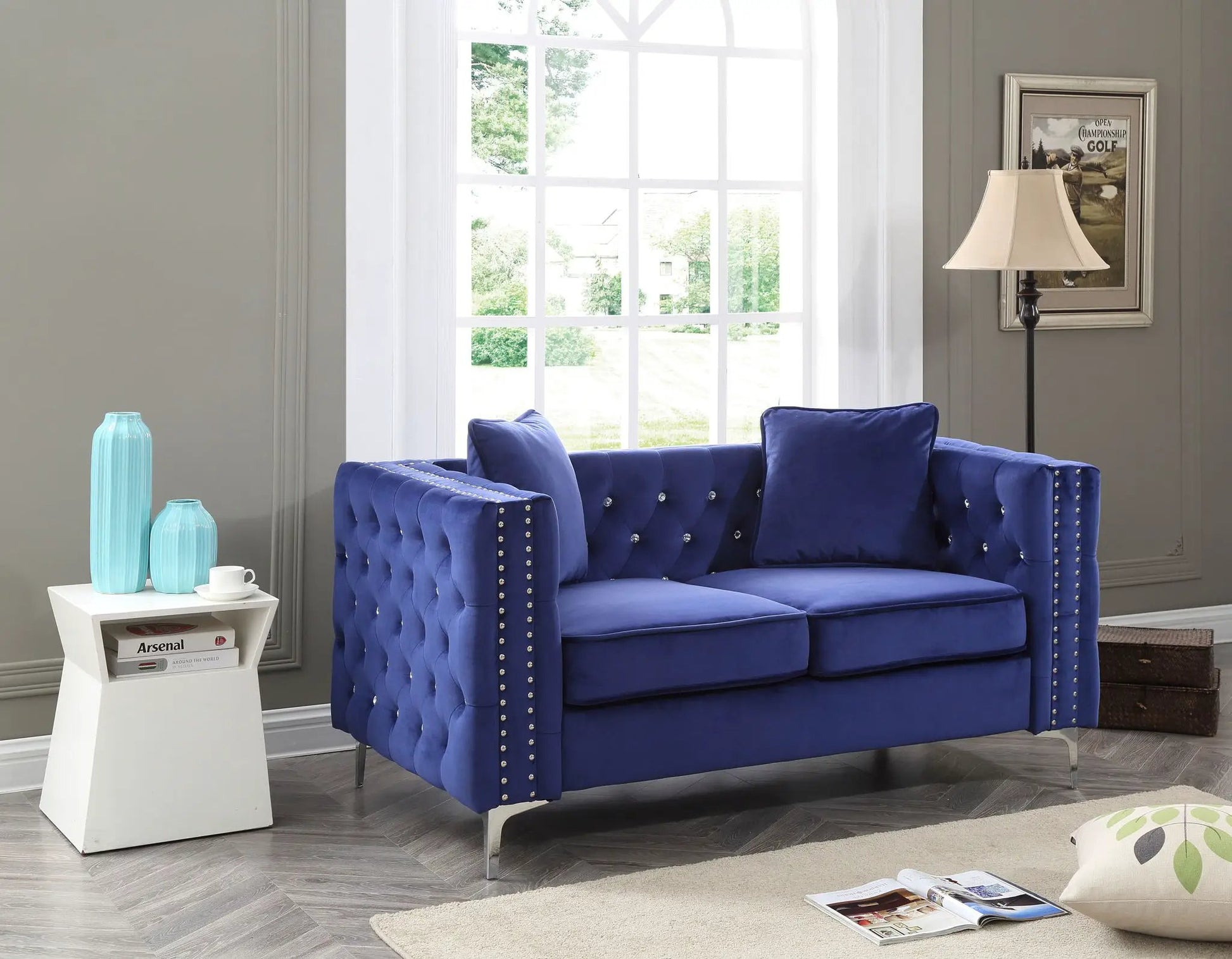 Elegant Track Arm Loveseat blue velvet with tufted trim by Unique Piece Furniture on Tampa Home & Garden Store
