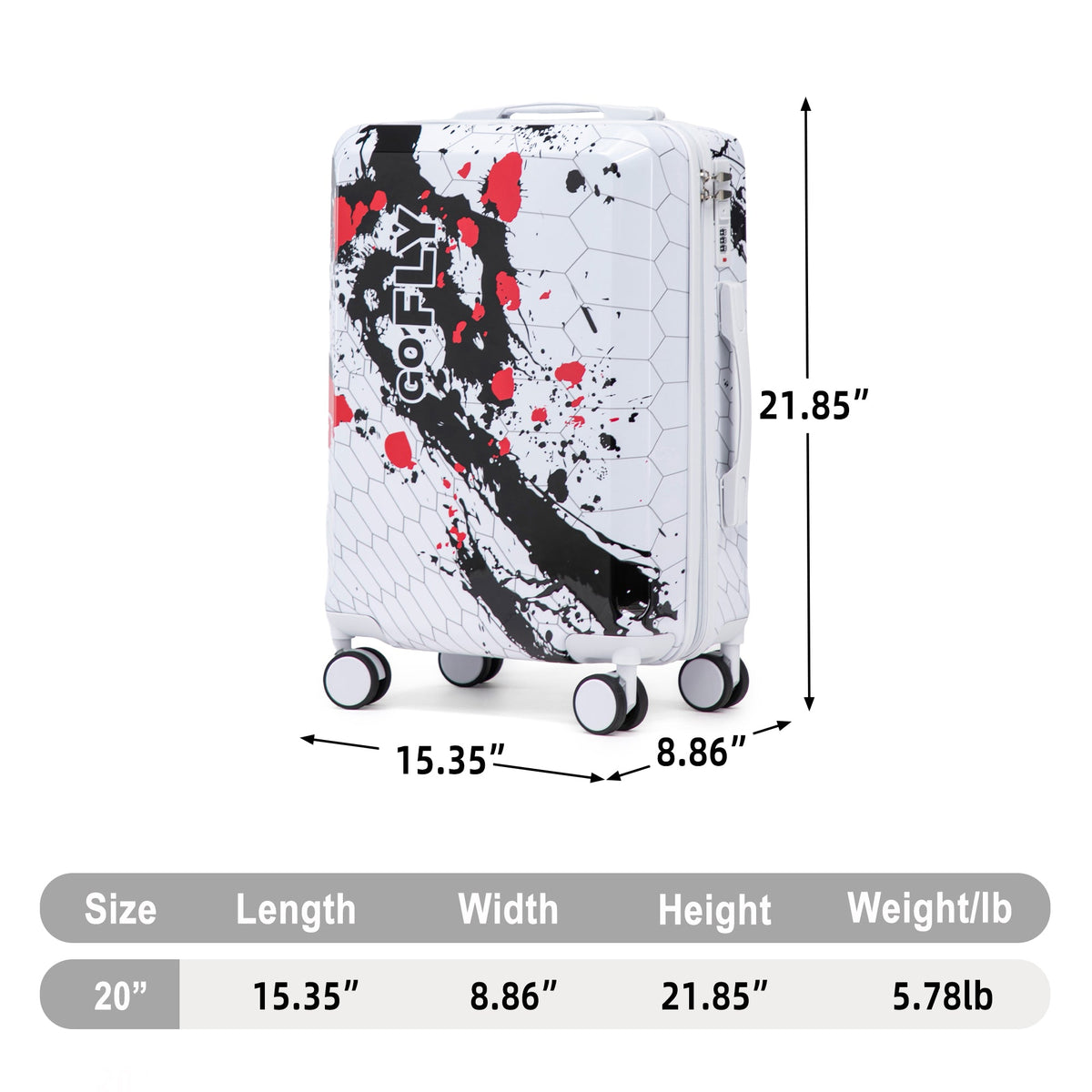 20 inch PC spinner luggage white hard case with black red splatter hex pattern, 4 wheels on Tampa Home & Garden Store
