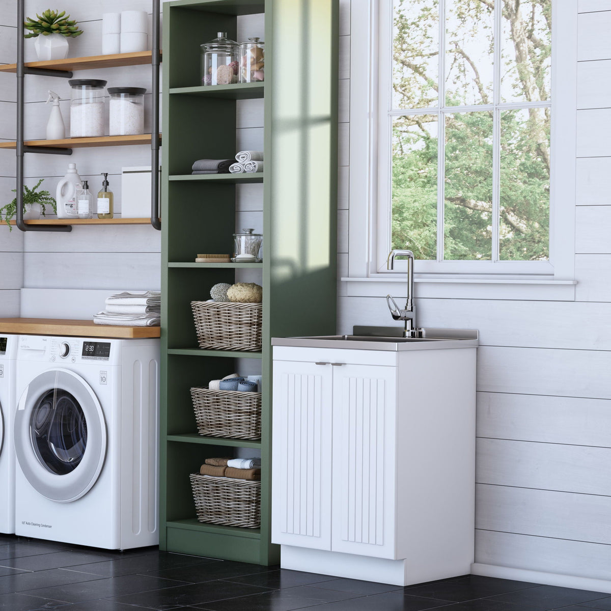 White laundry cabinet with stainless steel sink by HouseOfZazla beside a green open shelving unit on Tampa Home & Garden Store