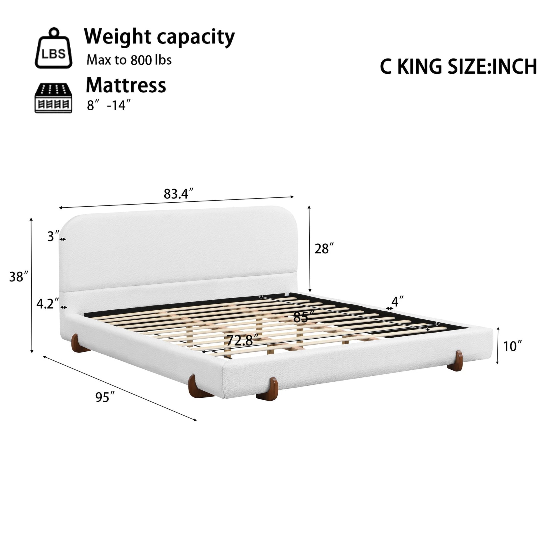 Elegant Upholstered Bed Frame in white fabric with wooden legs and slatted base HouseOfZazla on Tampa Home & Garden Store