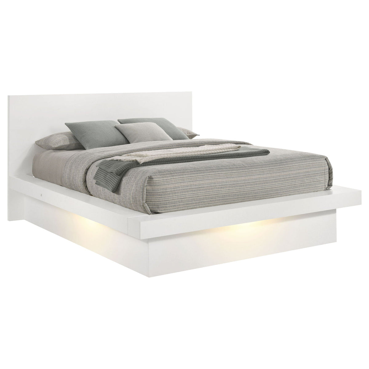 Tokyo LED Panel Bed With Structured Headboard white platform bed with gray bedding on Tampa Home & Garden Store