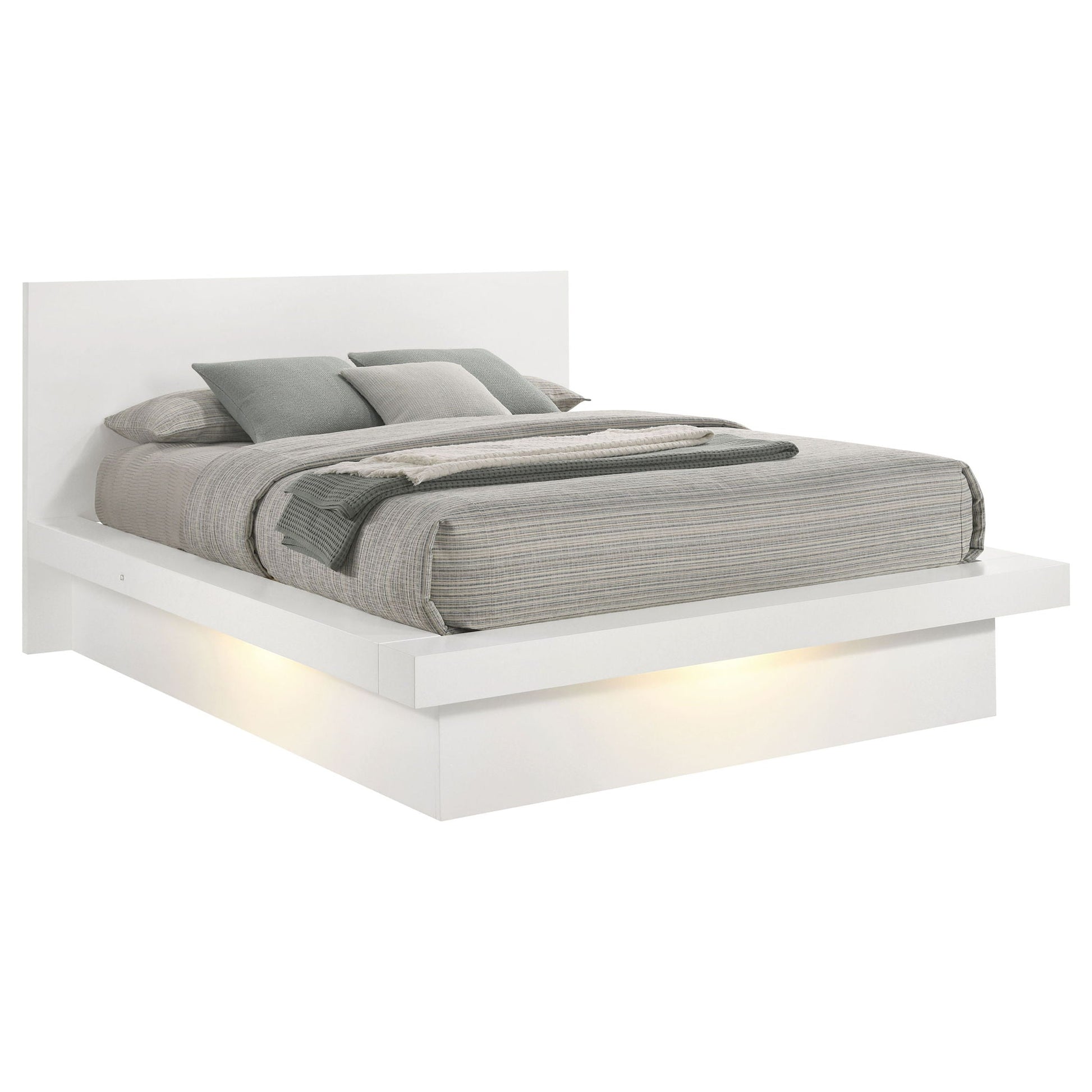 Tokyo LED Panel Bed With Structured Headboard white platform bed with gray bedding on Tampa Home & Garden Store