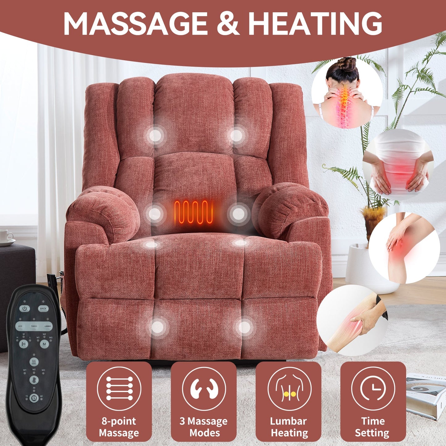 Dual Motor Heat Massage Electric Power Lift Recliner HouseOfZazla in red fabric with remote on Tampa Home & Garden Store