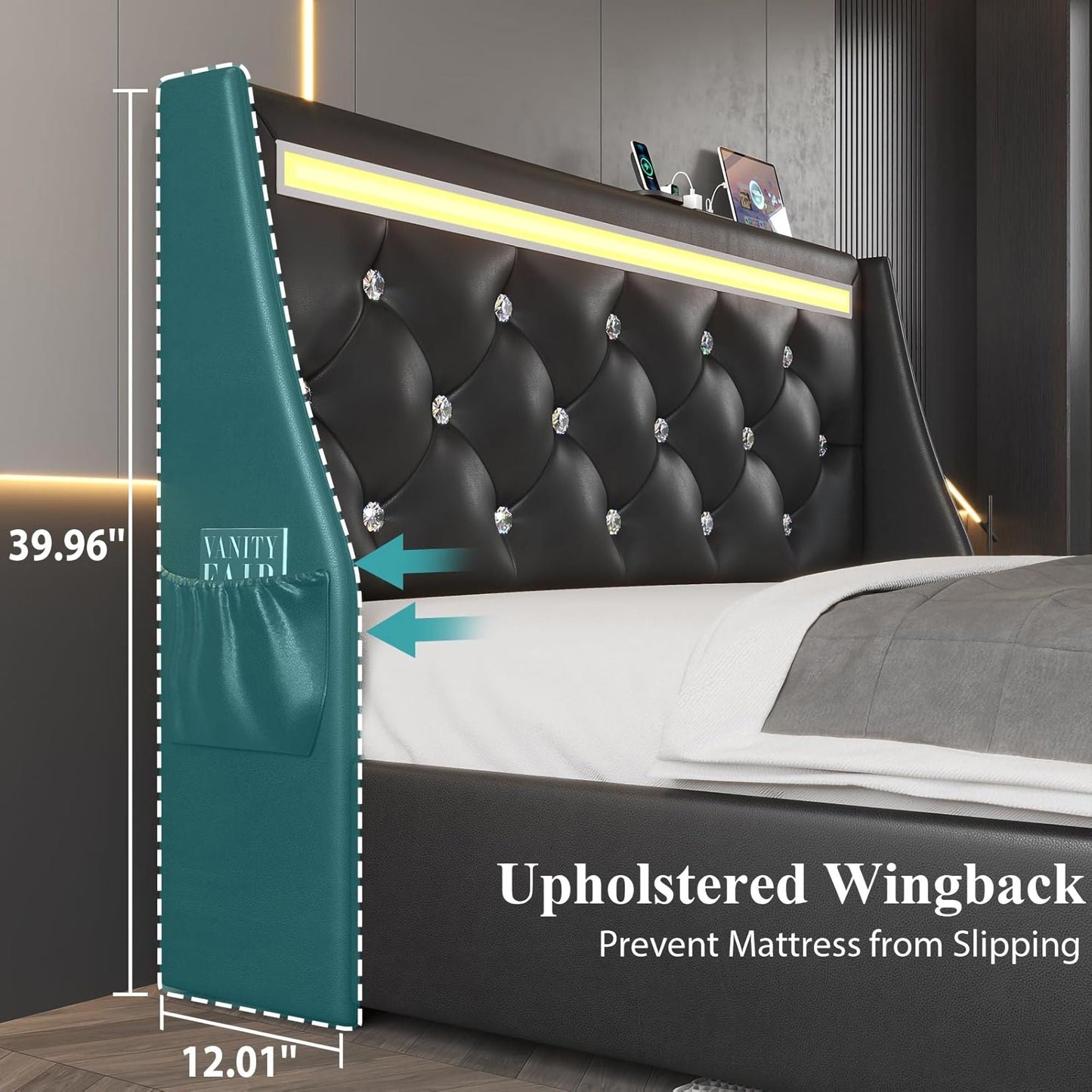 Wingback Upholstered Bed Frame Led and Usb