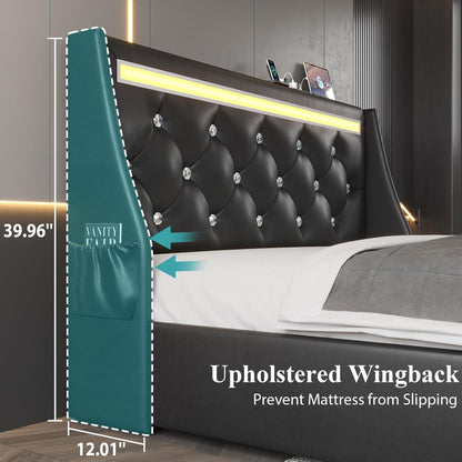 Wingback Upholstered Bed Frame Led and Usb