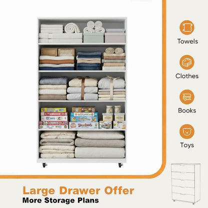 Modern 5 Drawer Dresser With Wheels white accent chest organized with towels and linens on Tampa Home & Garden Store