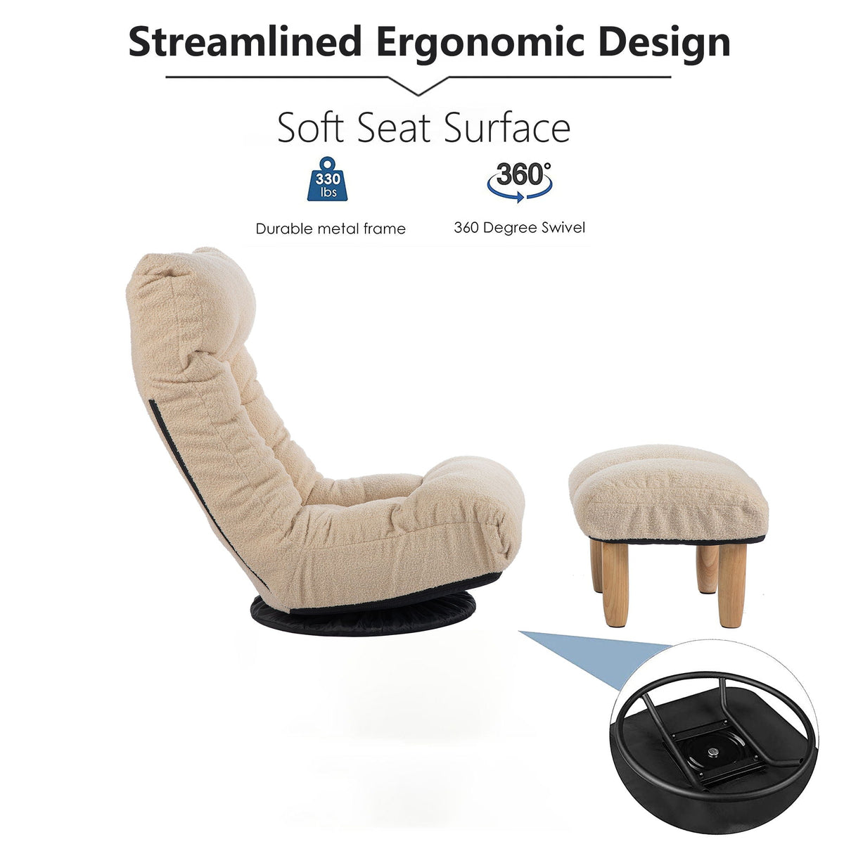 Reclining floor chair with ottoman, beige plush fabric and metal frame on Tampa Home & Garden Store