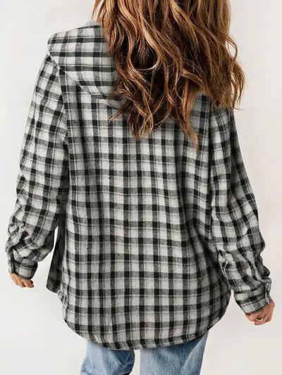 Plaid snap-down plush hooded jacket for women, gray/black check, Stevvex outerwear on Tampa Home & Garden Store