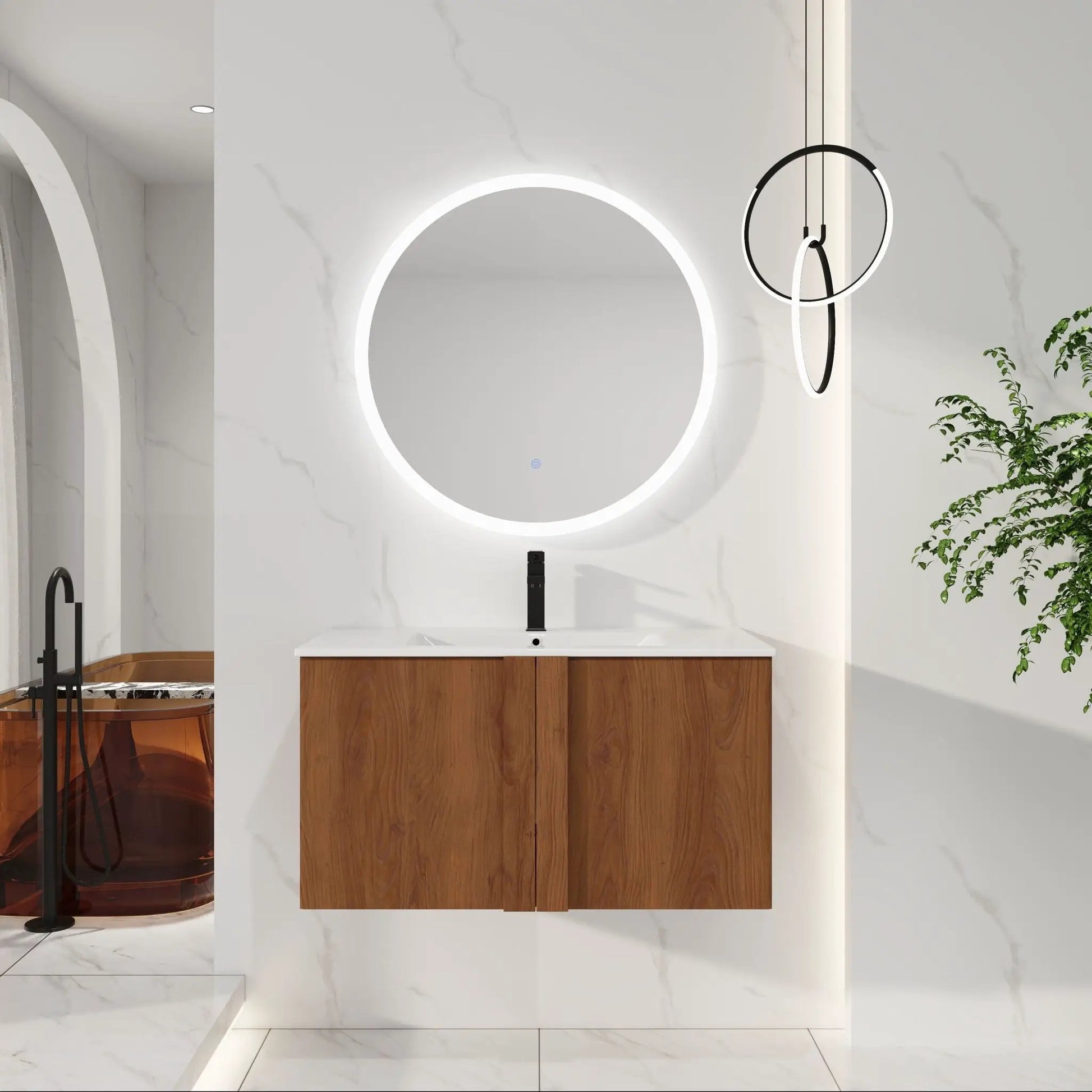 Floating vanity with sink by Unique Piece Furniture, countertop, black faucet, round mirror on Tampa Home & Garden Store