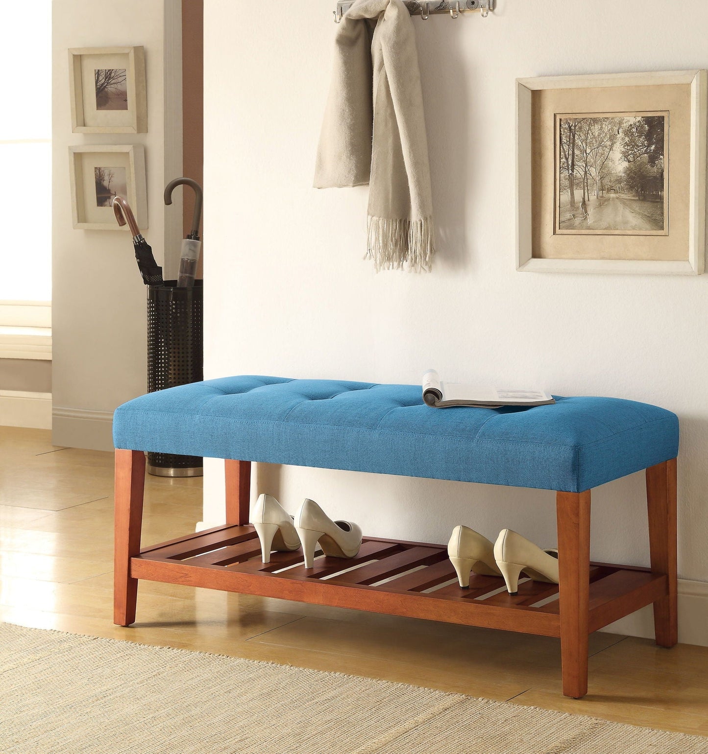 Charla Upholstered Bench blue fabric with wooden legs and shoe shelf in entryway on Tampa Home & Garden Store