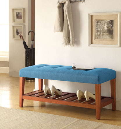 Charla Upholstered Bench blue fabric with wooden legs and shoe shelf in entryway on Tampa Home & Garden Store