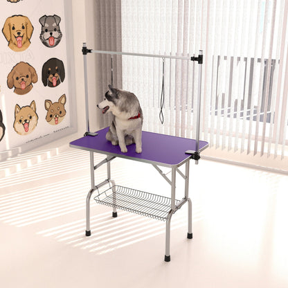Folding pet grooming table with stainless steel frame, purple mat and adjustable arm; dog on table on Tampa Home & Garden Store