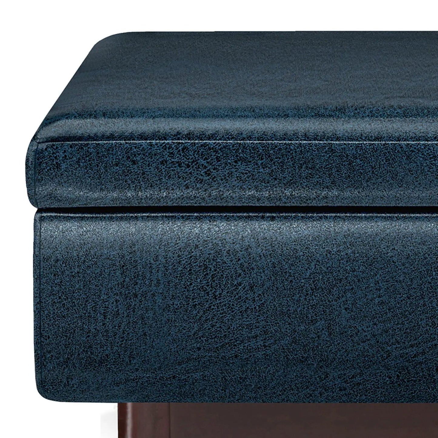 Owen upholstered rectangular storage ottoman in blue velvet with dark wood base on Tampa Home & Garden Store