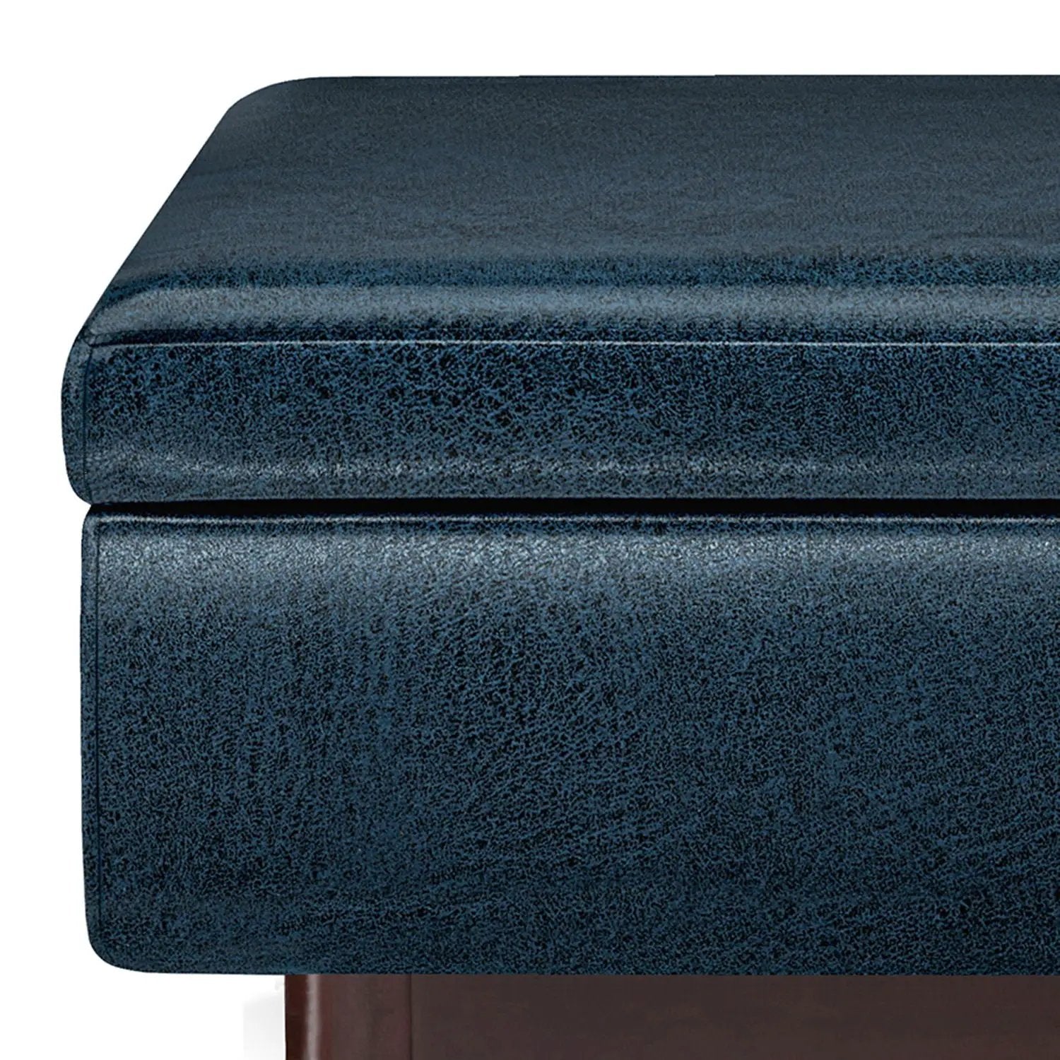 Owen upholstered rectangular storage ottoman in blue velvet with dark wood base on Tampa Home & Garden Store