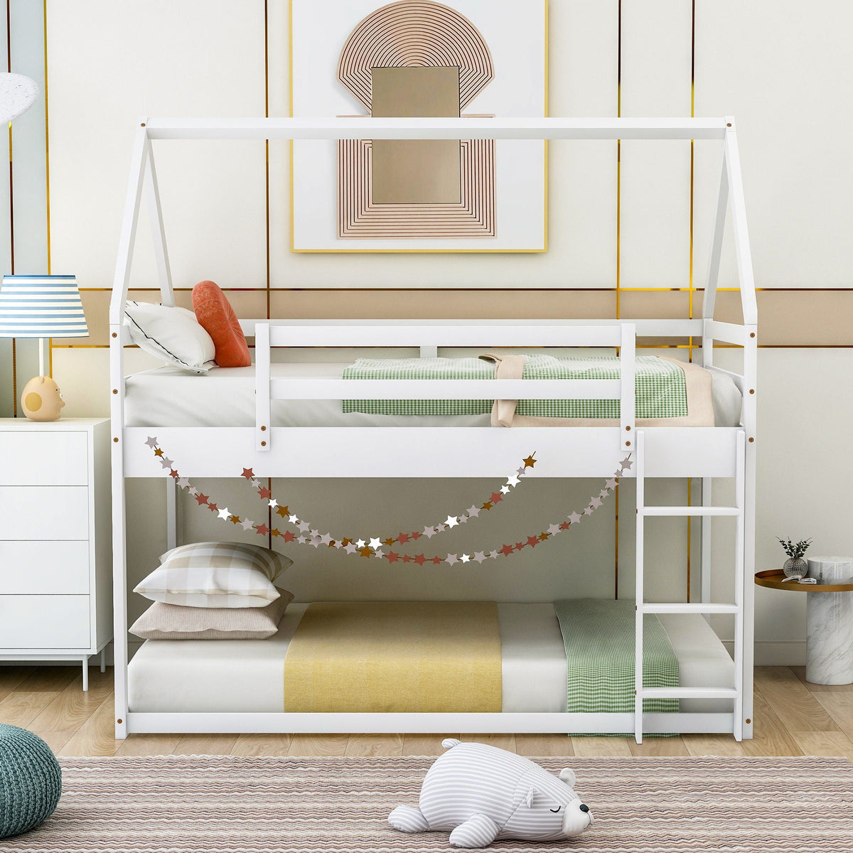 Low bunk bed with house-shaped white frame and ladder, HouseOfZazla bunk beds on Tampa Home & Garden Store