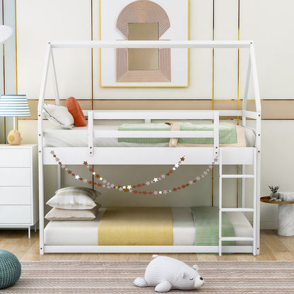 Low bunk bed with house-shaped white frame and ladder, HouseOfZazla bunk beds on Tampa Home & Garden Store